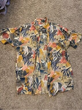 Short Sleeve Tropical Button-Up Shirt - Multicolor Print 100% silk